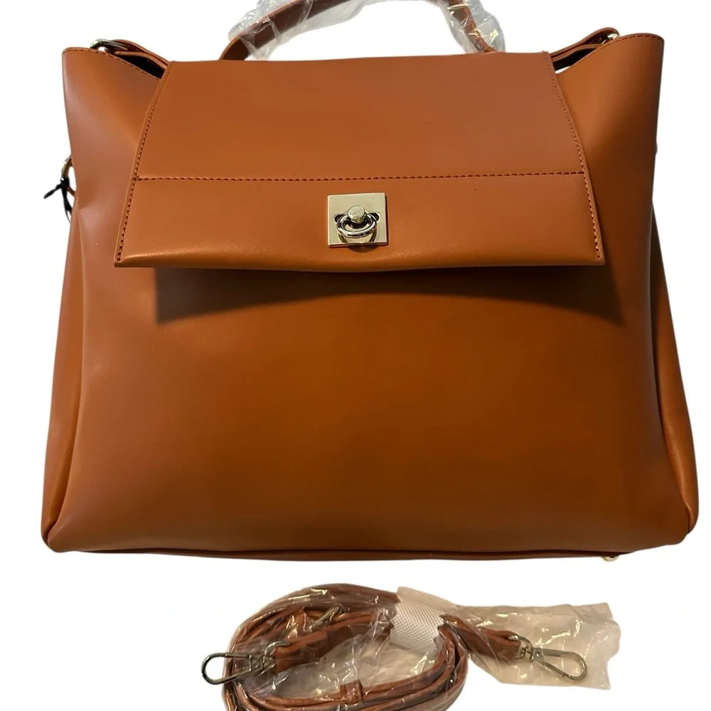GlitzyGirlz Boutique Mercer Top Flap Camel Handbag with Crossbody Strap NWT